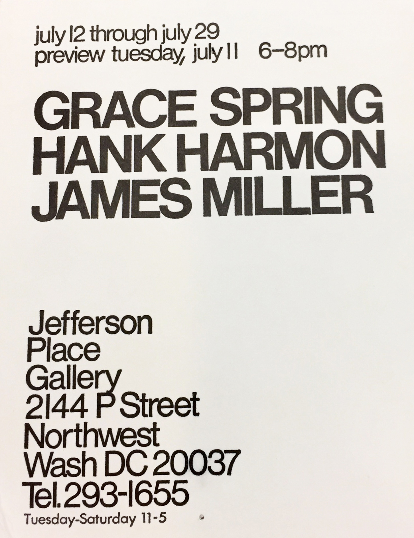 Announcement card for Grace Spring, Hank Harmon, and James Miller at Jefferson Place Gallery
