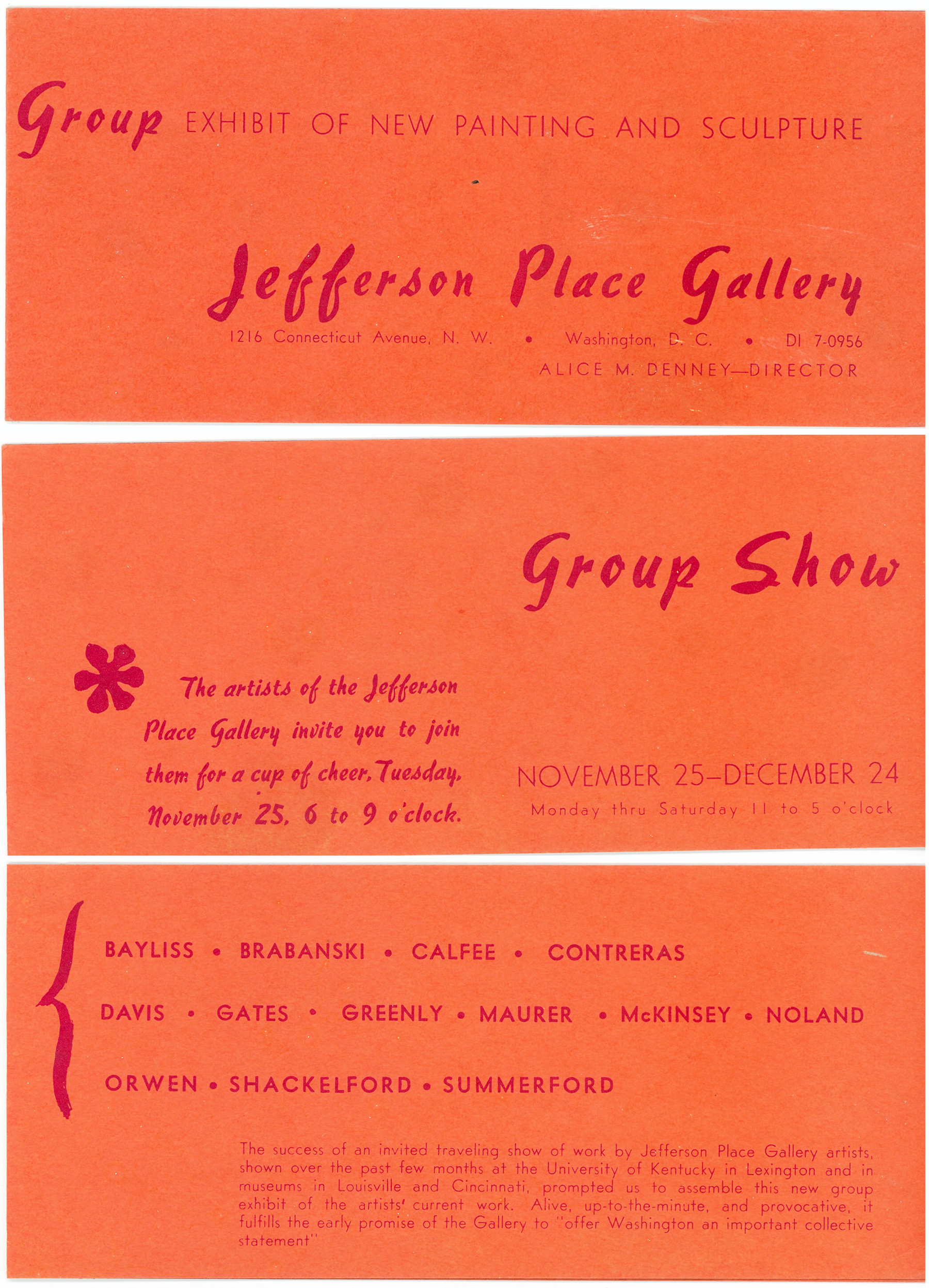 Announcement card for Group Show at Jefferson Place Gallery, 1958