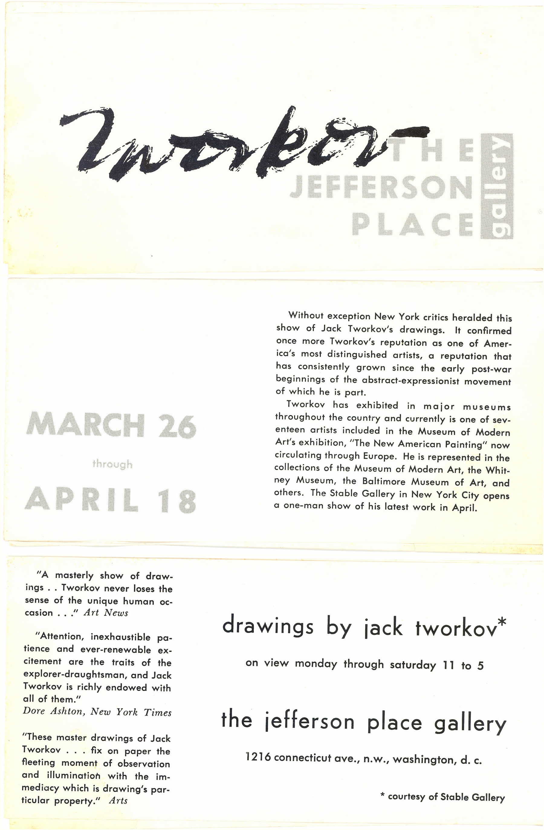 Announcement card for Jack Tworkov at Jefferson Place Gallery, 1959