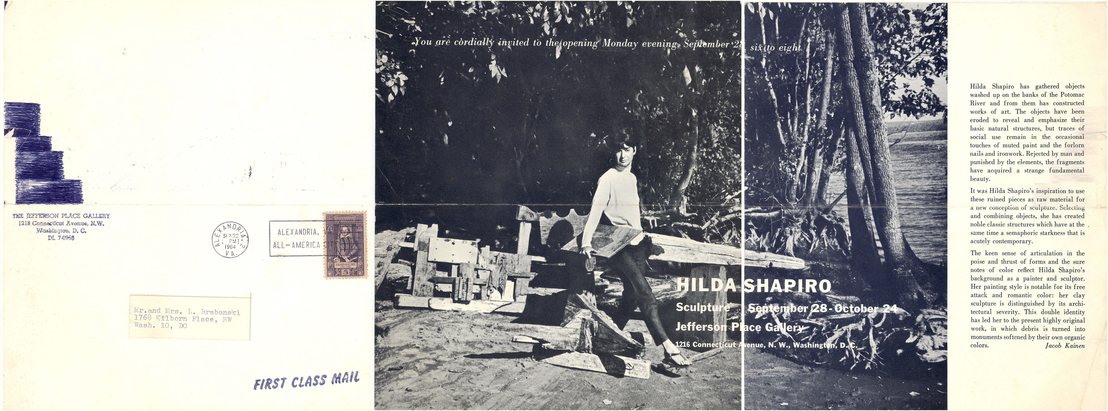 Announcement card for Hilda Shapiro at Jefferson Place Gallery, 1961