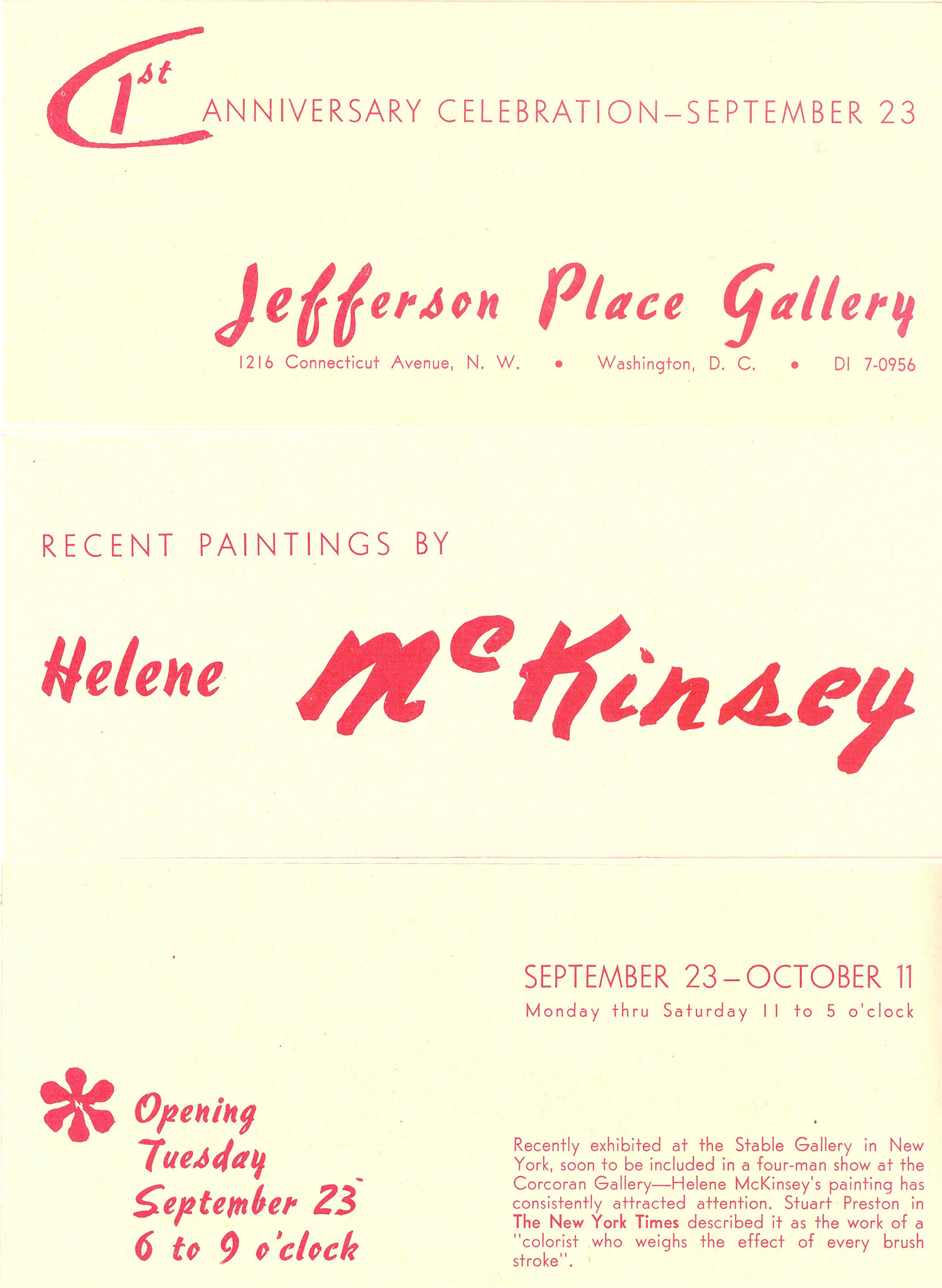 Announcement card for Helene McKinsey at Jefferson Place Gallery, 1958