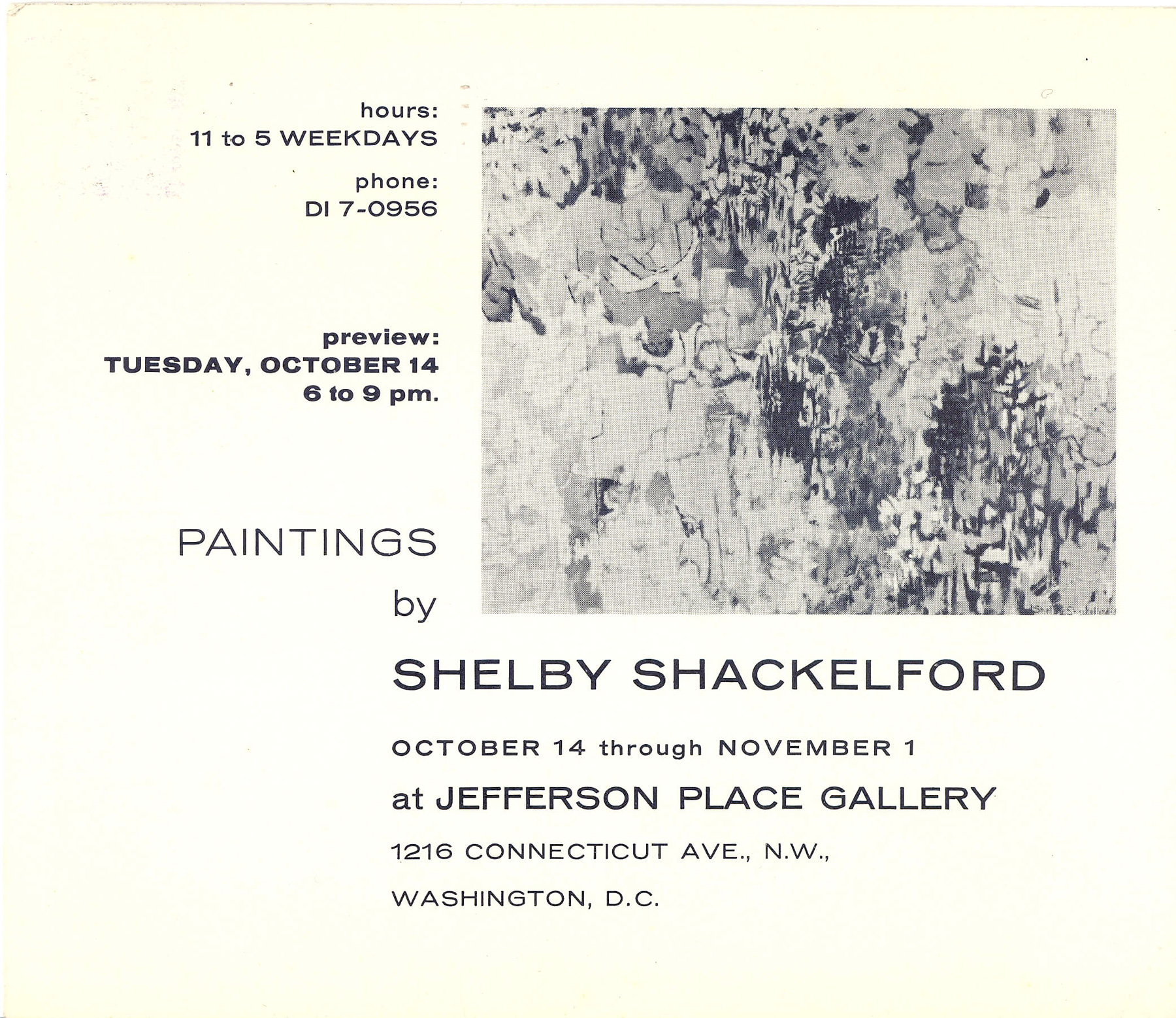 Announcement card for Shelby Shackleford at Jefferson Place Gallery, 1958