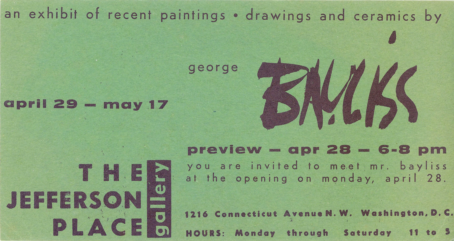 Announcement card for George Bayliss, Paintings and Drawings, at Jefferson Place Gallery
