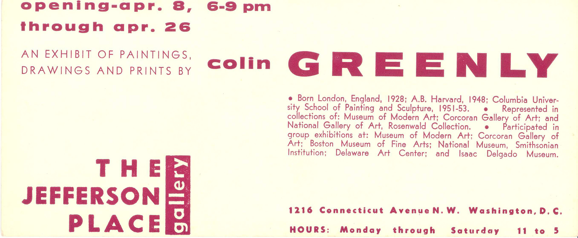 Announcement card for Colin Greenly at Jefferson Place Gallery