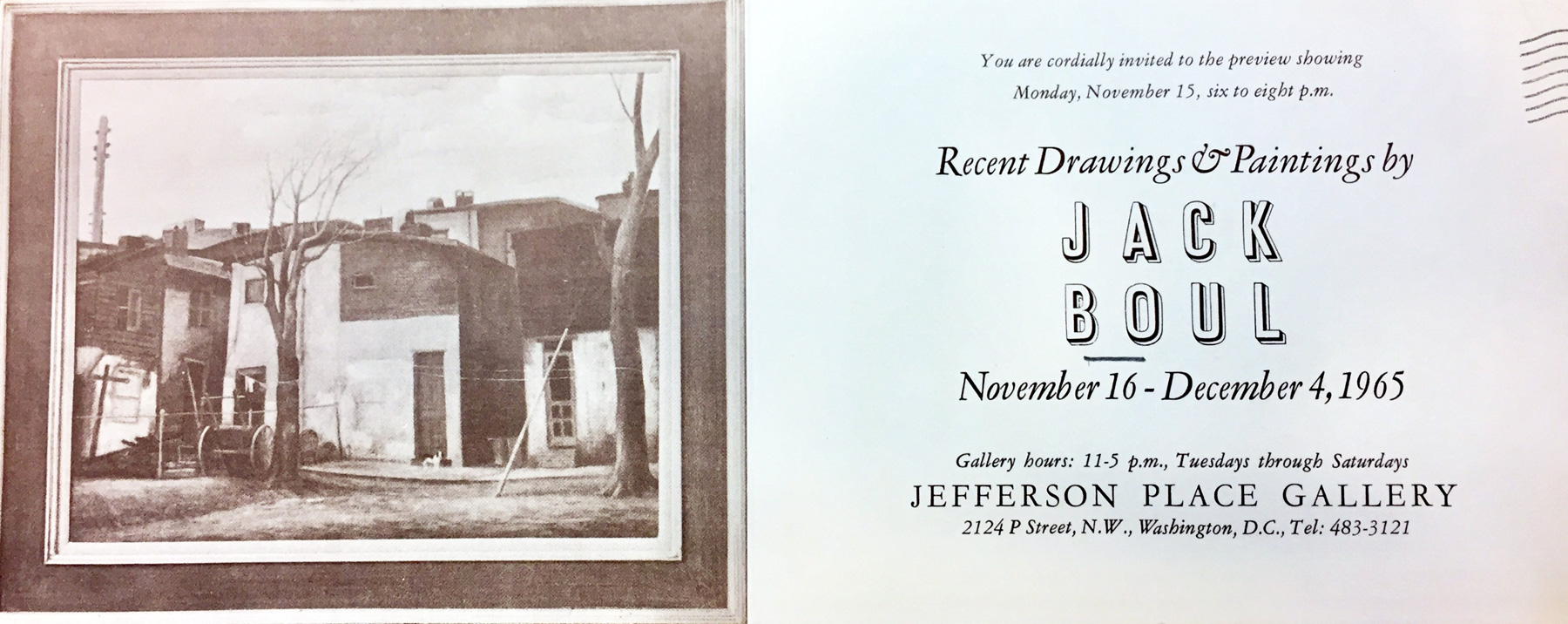 Announcement card for Jack Boul at Jefferson Place Gallery, 1965