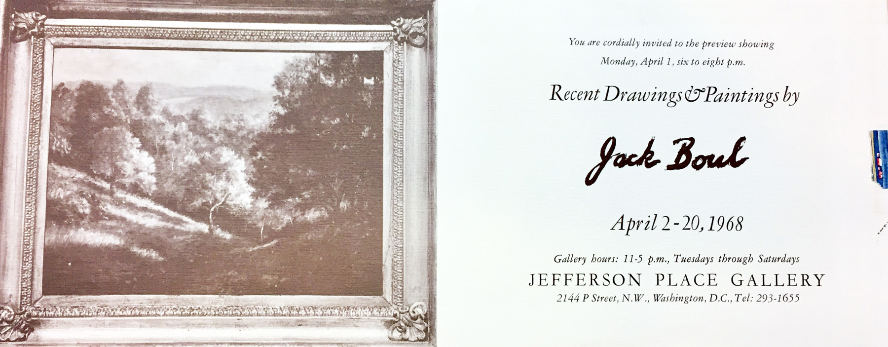 Announcement card for Jack Boul at Jefferson Place Gallery, 1968