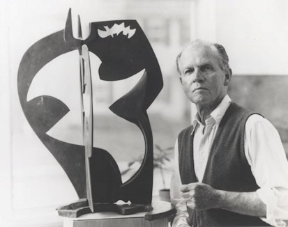 Portrait of artist William Calfee with his sculpture, Summer, 1963