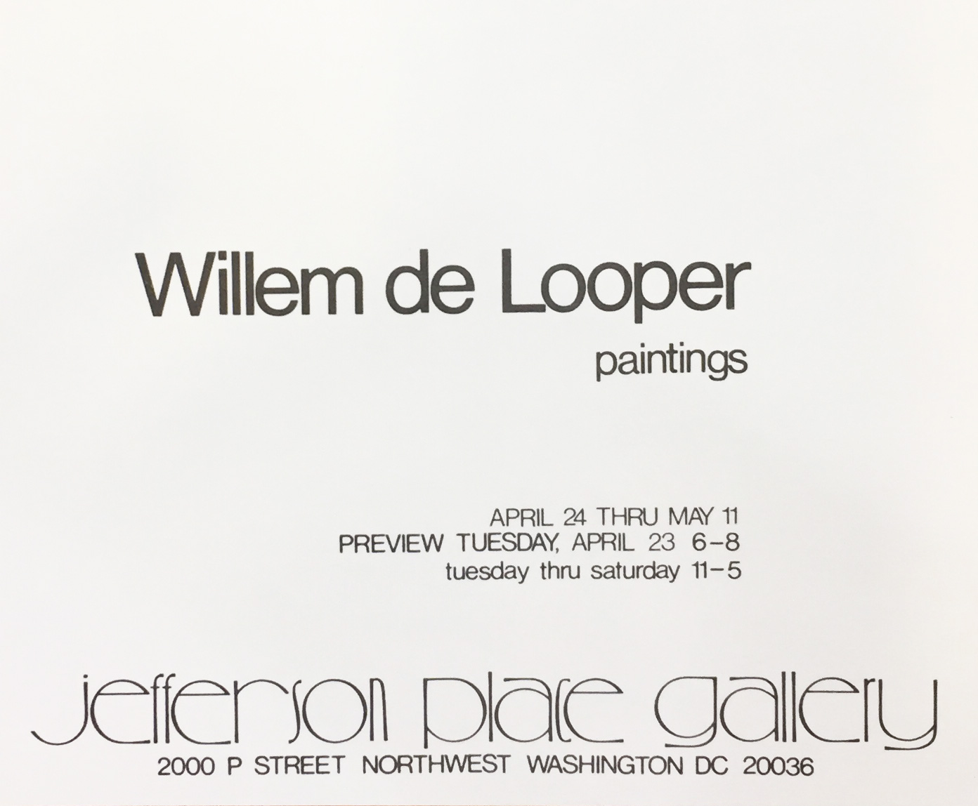 Announcement card for Willem De Looper's solo show at Jefferson Place Gallery