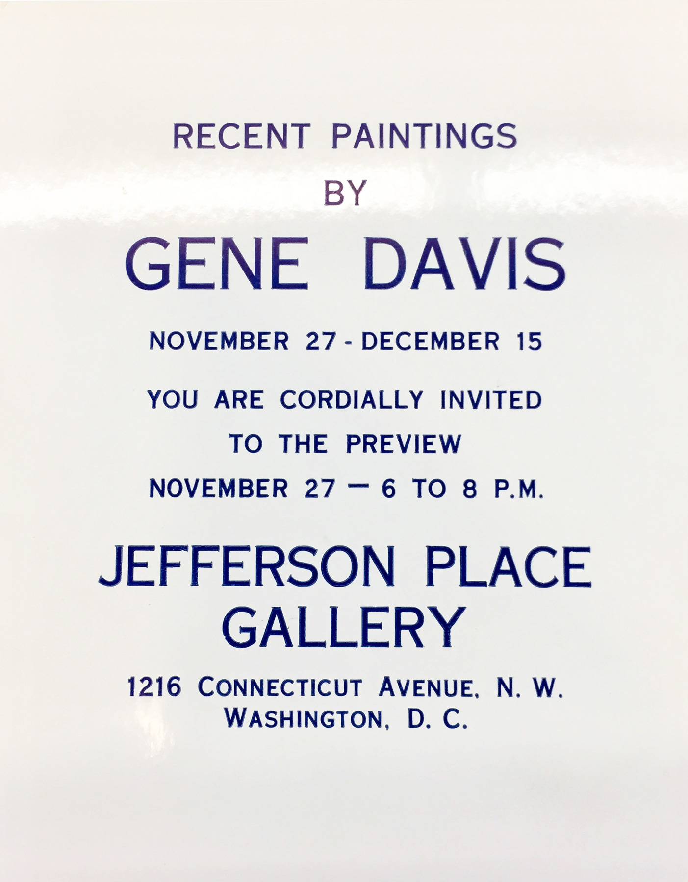 Announcement card for Gene Davis's Recent Paintings at Jefferson Place Gallery