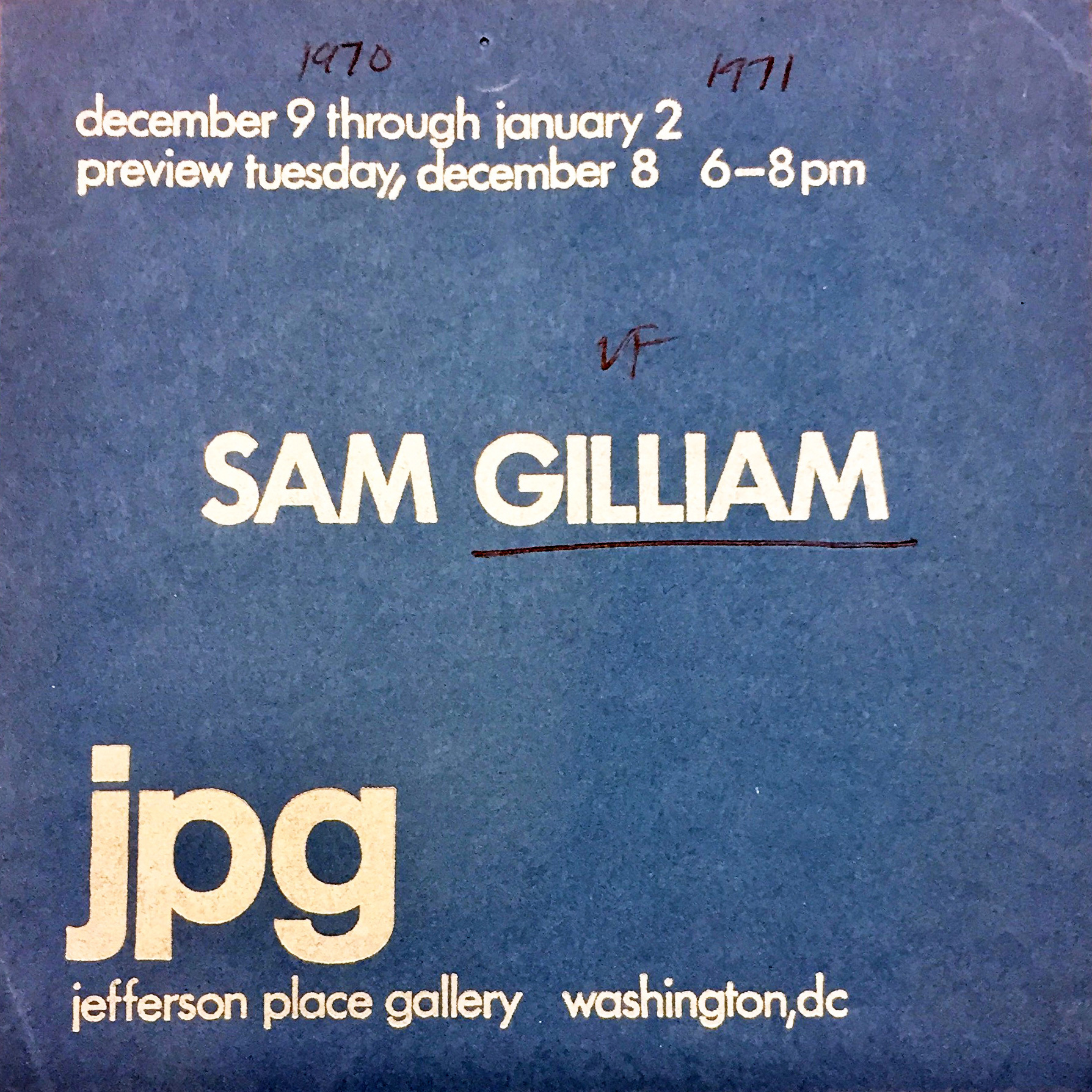 Announcement card for Sam Gilliam, 1970, at Jefferson Place Gallery