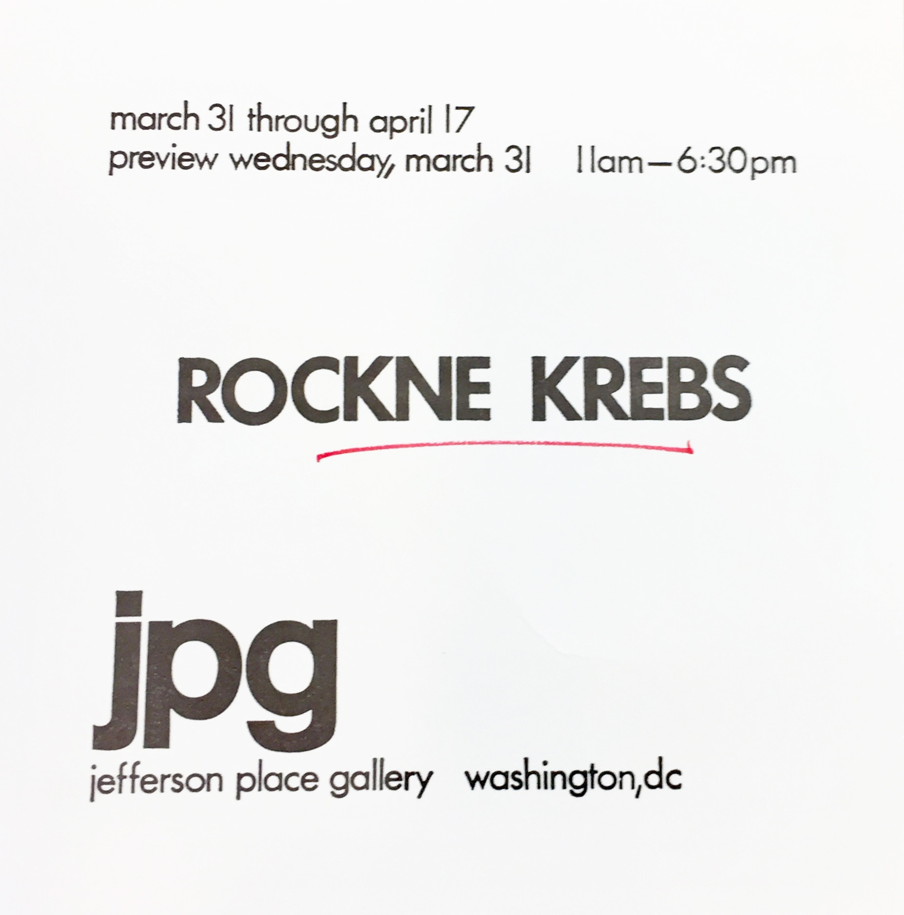 Announcement card for Rockne Krebs at Jefferson Place Gallery