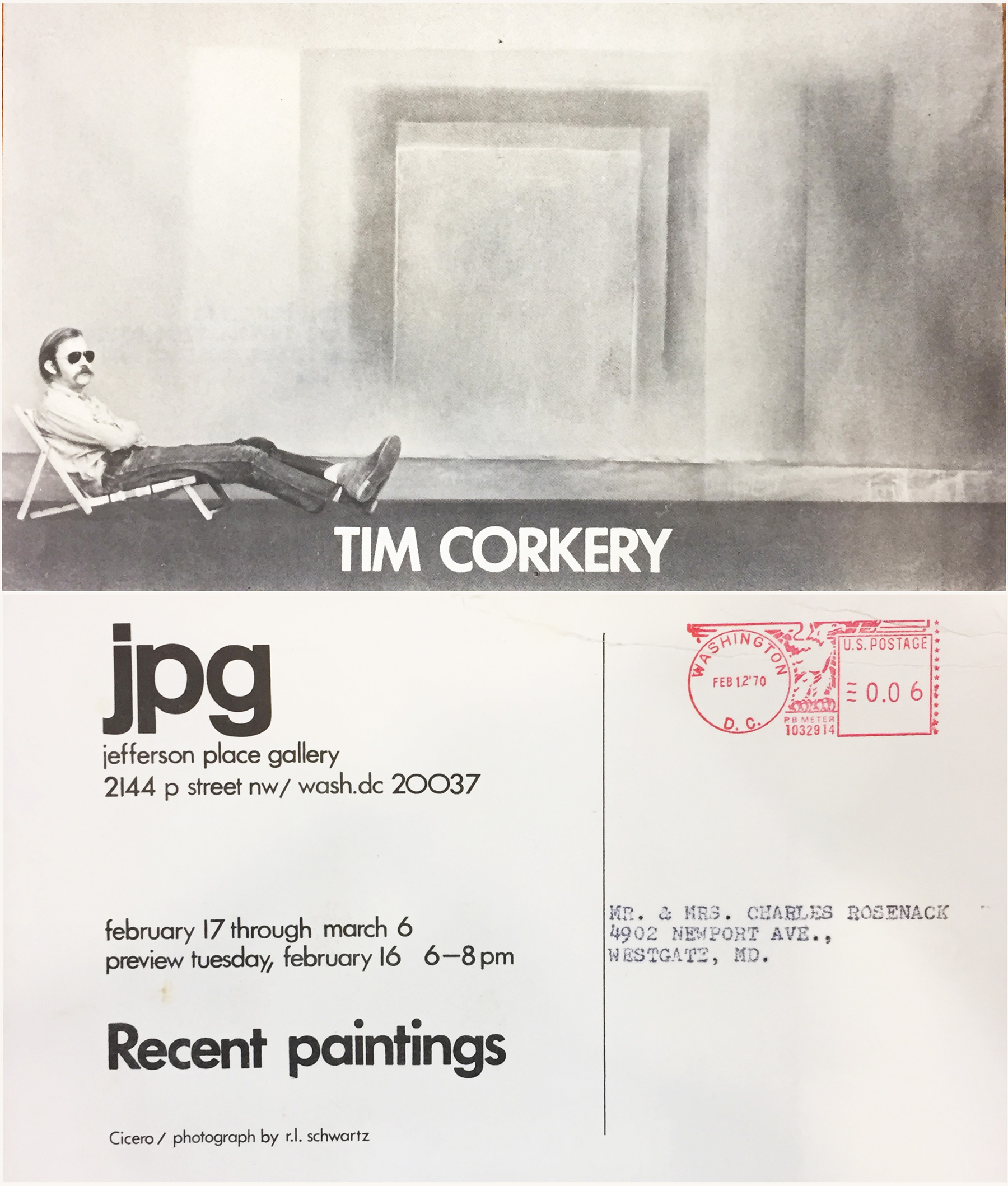 Announcement card front and back for Tim Corkery at Jefferson Place Gallery