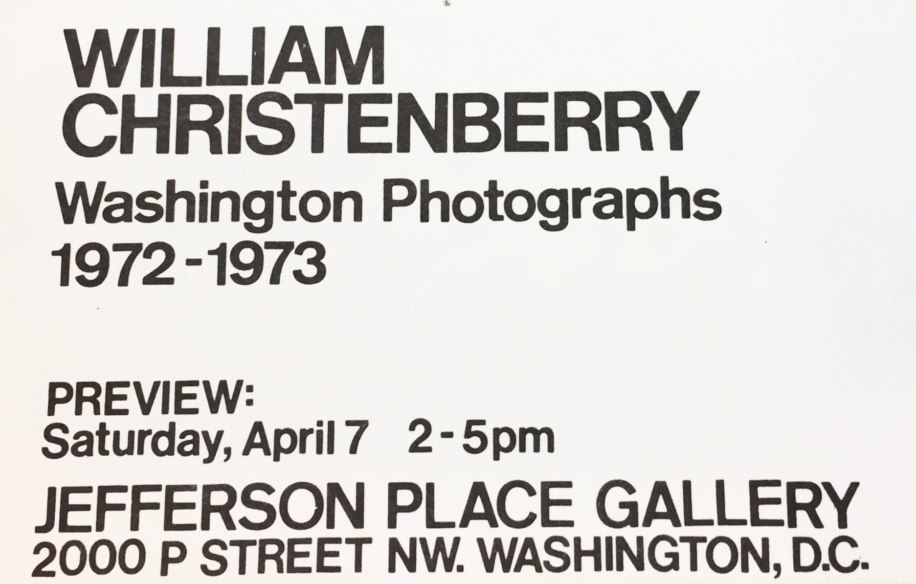 Announcement card for William Christenberry at Jefferson Place Gallery