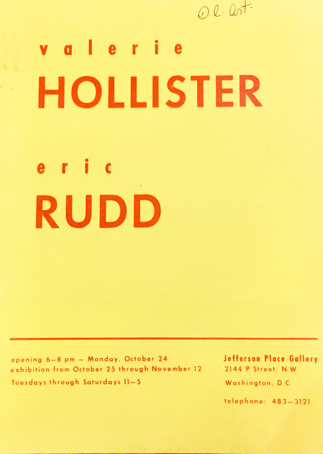 Announcement card for Valerie Hollister and Eric Rudd at Jefferson Place Gallery